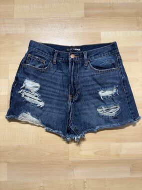 Fashion Nova Dark Blue Distressed High-Rise Denim Shorts